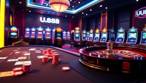 Experience thrilling U888 online casino action with vibrant poker chips, roulette wheel, and slot machines.