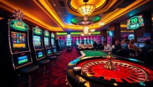 Engaged players strategizing in a luxurious casino setting featuring raja 88 slot machines and poker tables.
