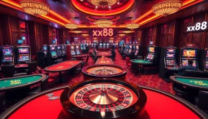 Engage in thrilling gameplay at xx88 casino with vibrant poker tables and roulette wheels.
