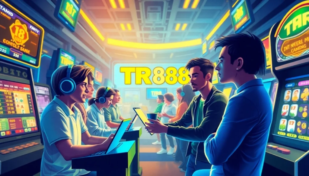 TR88 online gaming scene showcasing diverse players in an exciting betting environment with vibrant digital elements.