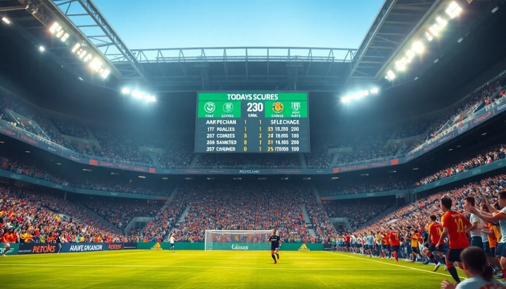 Scoreboard displaying ผลบอลวันนี้ in a vibrant soccer stadium filled with cheering fans.