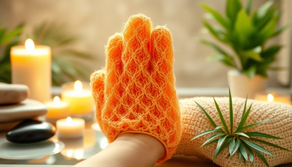 Experience smooth skin with a luxurious hand loofah glove, beautifully displayed in a tranquil spa setting.