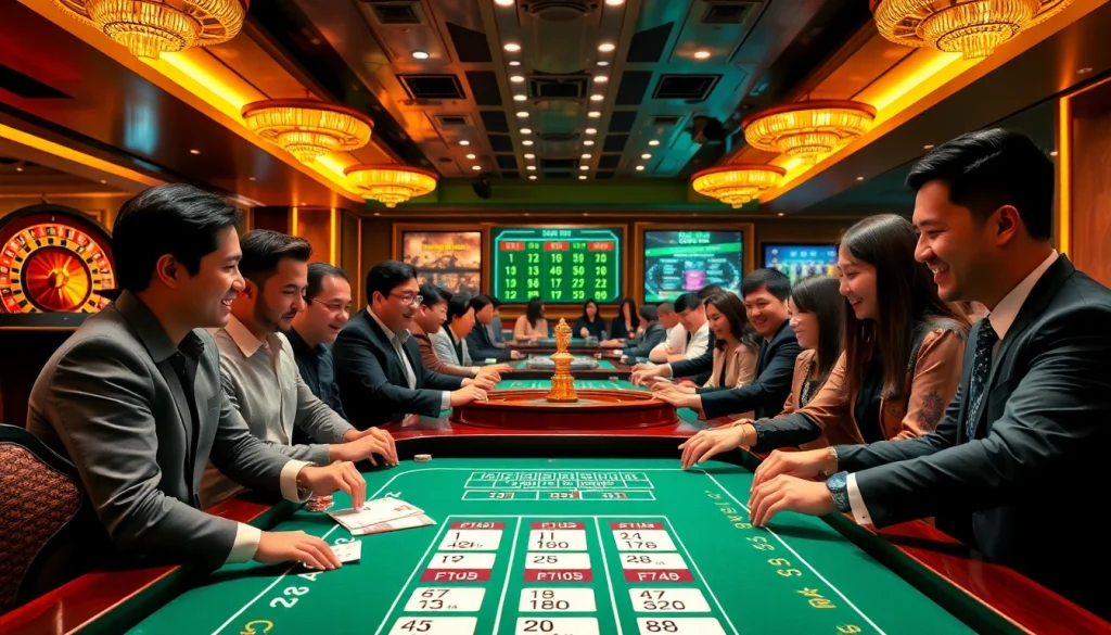 Gambler excitedly engages with Tool xổ số siêu tốc lottery tickets at a lively casino.