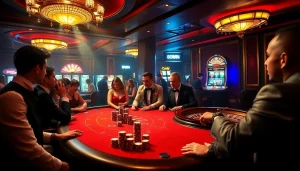 Players enjoying a thrilling casino experience at 58win, surrounded by vibrant poker chips and roulette.