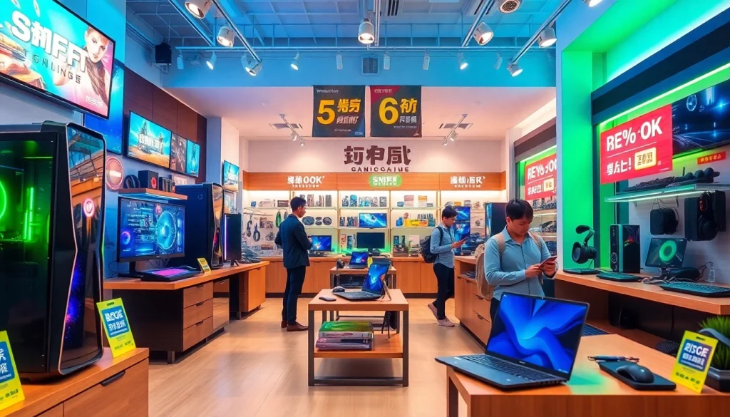 Showcase of ドスパラ クーポン redeeming in a modern tech shop with gaming PCs and vibrant displays.