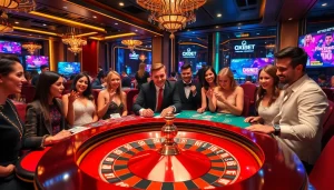 Players enjoying a thrilling moment at a luxurious casino table, representing https://oxbet.giving/ with colorful chips and cards.