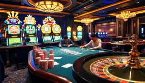 Players enjoying a vibrant gaming experience at Nhà cái Fly88's luxurious casino.