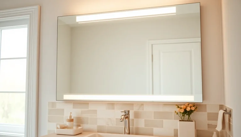 Contemporary bathroom mirror with LED light enhancing the modern decor.