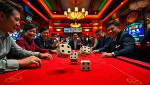 Exciting gamers at tài xỉu 789club table in a vibrant casino setting.
