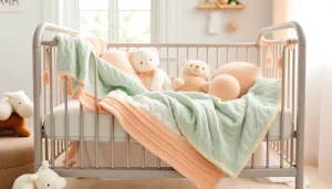 Gebruik van hydrofiele stof in een schattige babykamer met zachte kleuren en accessoires.