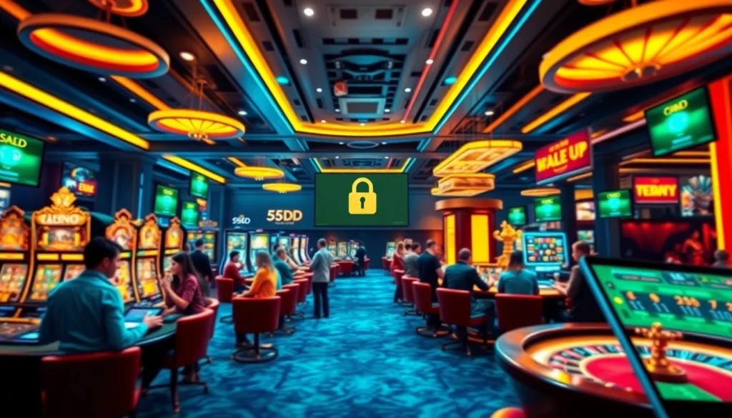 Experience the excitement of gaming at 55DD, featuring vibrant slots and poker games in a lively casino atmosphere.