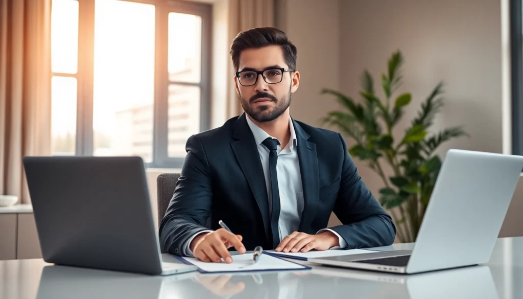 Real estate lawyer reviewing legal documents in a modern office setting with natural light.
