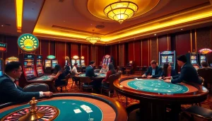 Experience the thrill of gaming with onicplay at an upscale casino, featuring dynamic tables and vibrant slot machines.
