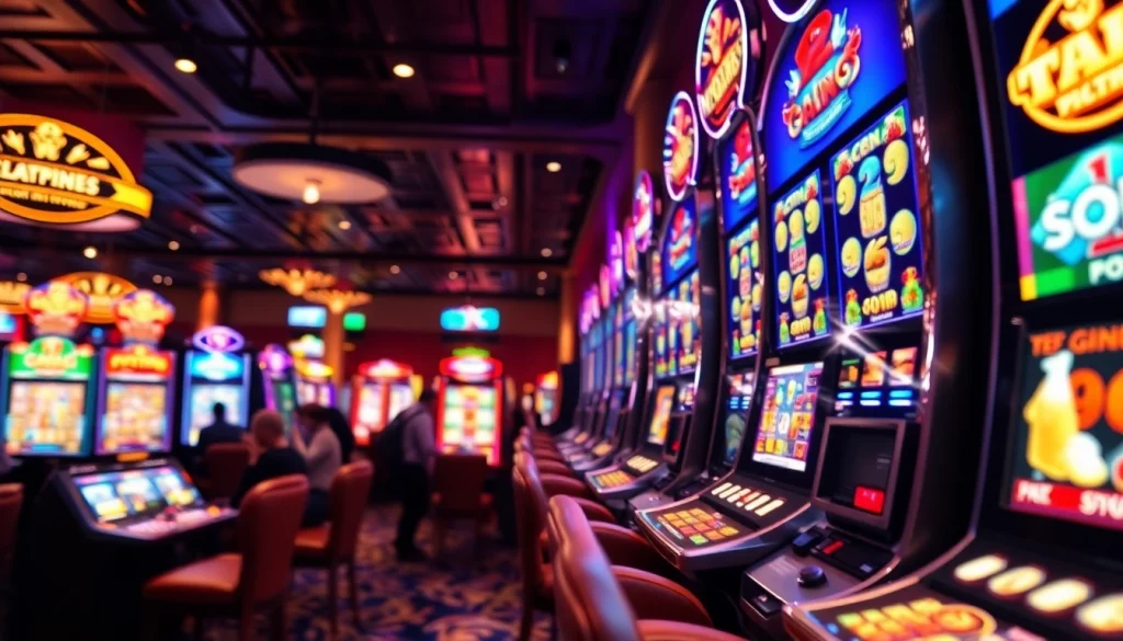 Menangkan hadiah dari slot depo 1k di mesin slot berwarna-warni dengan suasana ceria.