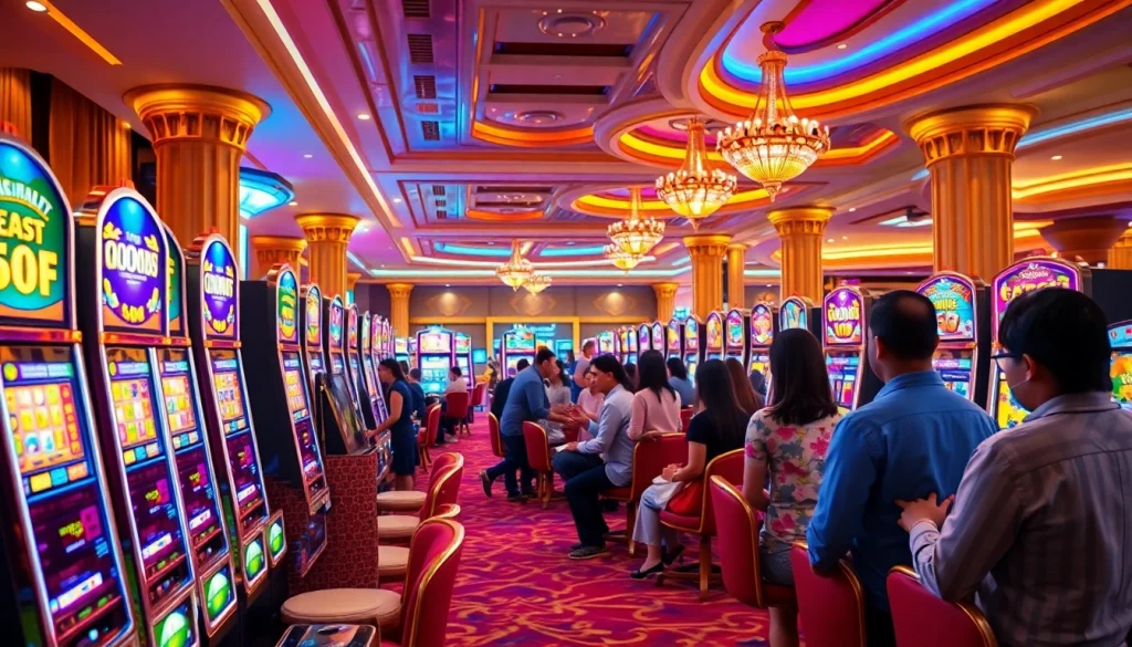 Players experiencing excitement at slot online apiraja88 machines in a lavish casino environment.