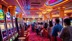 Players experiencing excitement at slot online apiraja88 machines in a lavish casino environment.