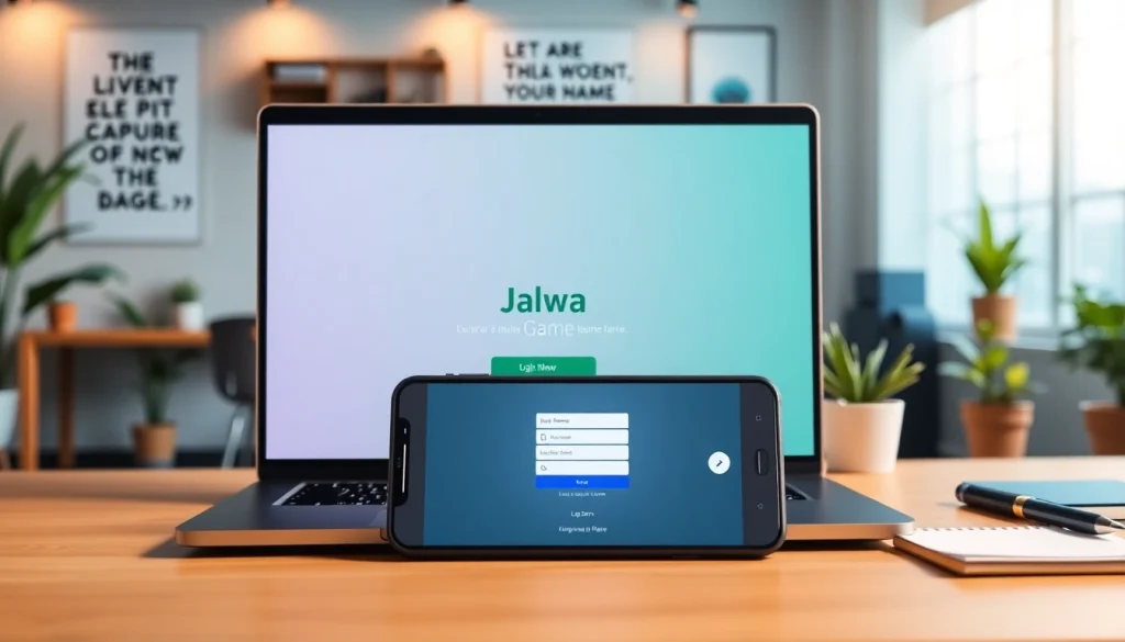 Engaging workspace with jalwa login displayed on laptop and smartphone, inviting gamers.