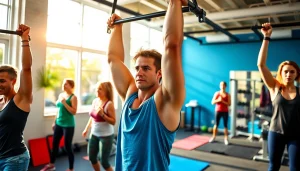 Assisted pull-up bands in use by diverse gym-goers demonstrating strength training.