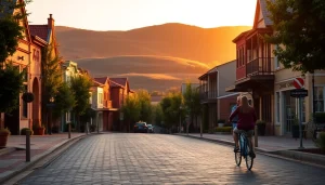 Biking through Clarksburg, CA, illustrating community life with historic buildings and warm evening light.