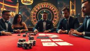 KJC players strategizing their next move at an upscale casino poker table filled with chips and cards.