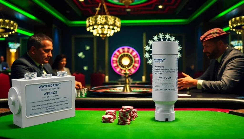 Engaging casino scene with players at a poker table and Waterdrop WF1CB Replacement for Frigidaire® PureSource WFCB filter.