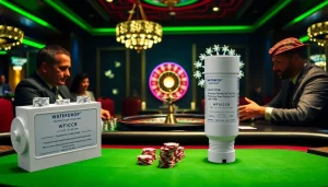 Engaging casino scene with players at a poker table and Waterdrop WF1CB Replacement for Frigidaire® PureSource WFCB filter.