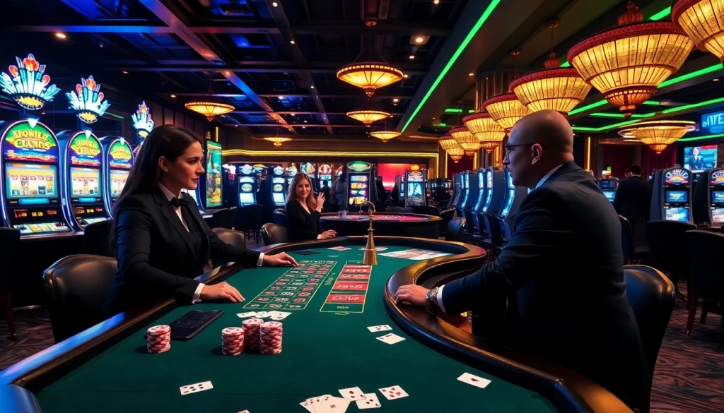 Engaging poker game at a luxurious casino with vibrant elements emphasizing OKKING COM.