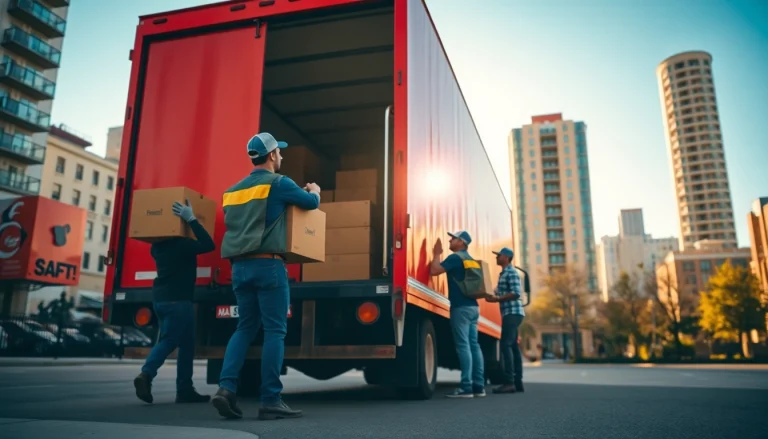Efficient Out of State Movers loading a truck, showcasing urban relocation dynamics.