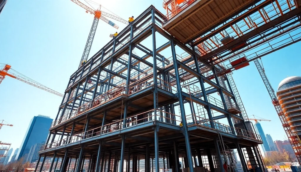 Showcasing steel structure design in an urban construction site with modern skyscraper framework.