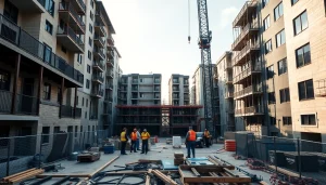 Austin construction site featuring builders and cranes, demonstrating teamwork on a bright day.