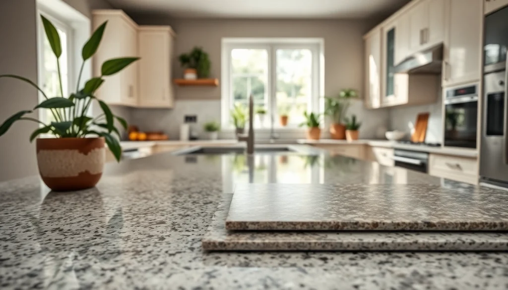 Kitchen Worktop Materials Comparison featuring textured samples in a modern kitchen setup.