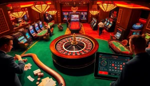 Exciting gambling scene showcasing uu88 features with poker chips, roulette wheel, and players.