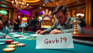 Gavb79 players strategizing at a luxurious casino table with vibrant poker chips and cards.