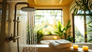 Revitalizing sunny shower experience with elegant fixtures and natural surroundings.