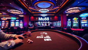 Mu88 casino scene with engaging players at poker tables and vibrant slot machines.