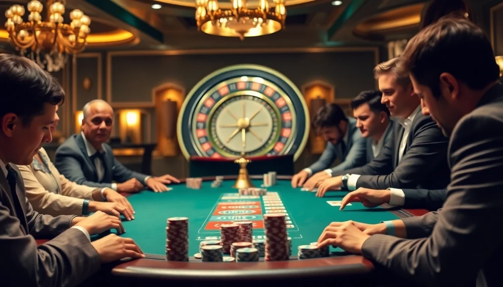 Engaging poker players strategizing their bets at a luxury casino table - vn168.