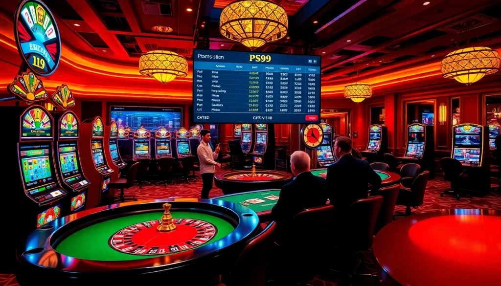 Experience the excitement of PS99 with dynamic casino gaming, including vibrant slot machines and professional poker tables.
