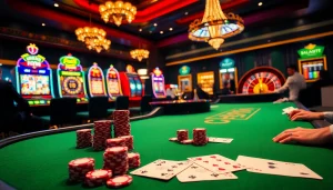 Engage in thrilling poker action at viral88's elegant casino with vibrant slot machines and roulette.