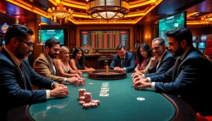 Gamblers enjoying a poker game at a luxurious casino, reflecting the excitement of https://tr88vip.co.com/.