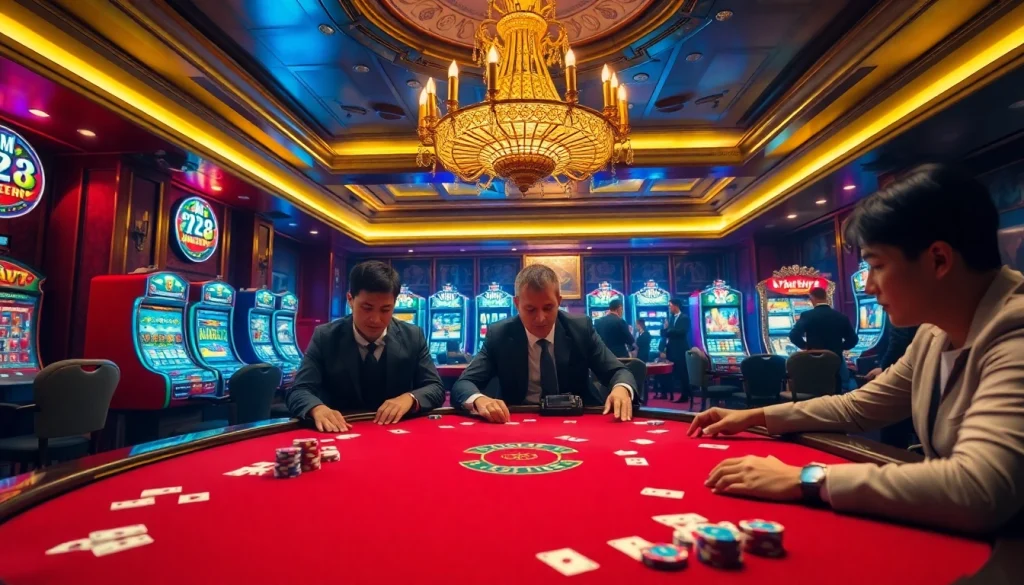 Experience the thrill at Trang chủ 32win with elite gamblers playing intense poker in a luxurious setting.