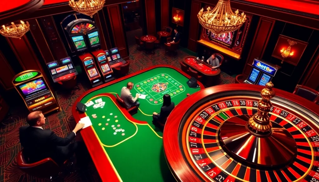 Bet88 online casino featuring an exciting gaming atmosphere with tables, slot machines, and players.