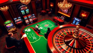 Bet88 online casino featuring an exciting gaming atmosphere with tables, slot machines, and players.