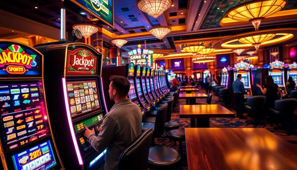 A player wins at a vibrant SLOT machine with flashing lights in a luxurious casino.