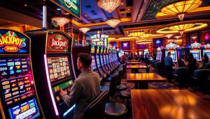 A player wins at a vibrant SLOT machine with flashing lights in a luxurious casino.