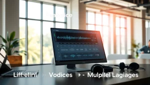 Generate lifelike audio with AI Voice generator interface in a modern office.