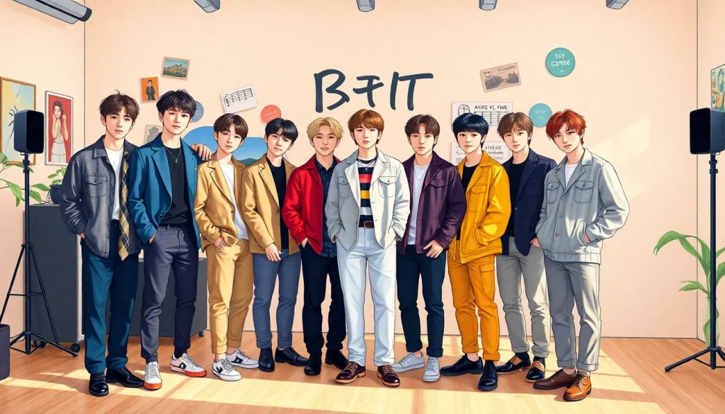 BTS members posing together in a creative setting showcasing their individual styles and personalities.