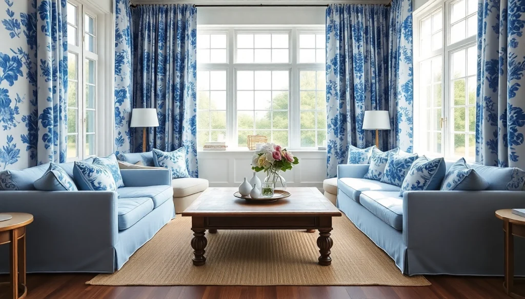 Bekijk prachtig geplaatste delftsblauwe stoffen collectie in een stijlvolle woonkamer.