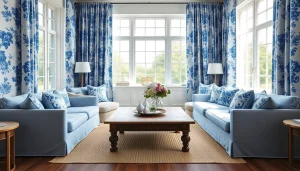 Bekijk prachtig geplaatste delftsblauwe stoffen collectie in een stijlvolle woonkamer.