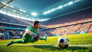 Experience the thrill of โปรแกรมบอล with an intense goalkeeper blocking a penalty shot in a vibrant stadium.