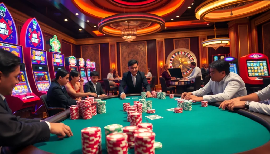 Excited players betting at the NOHU90 poker table in a luxurious casino setting.